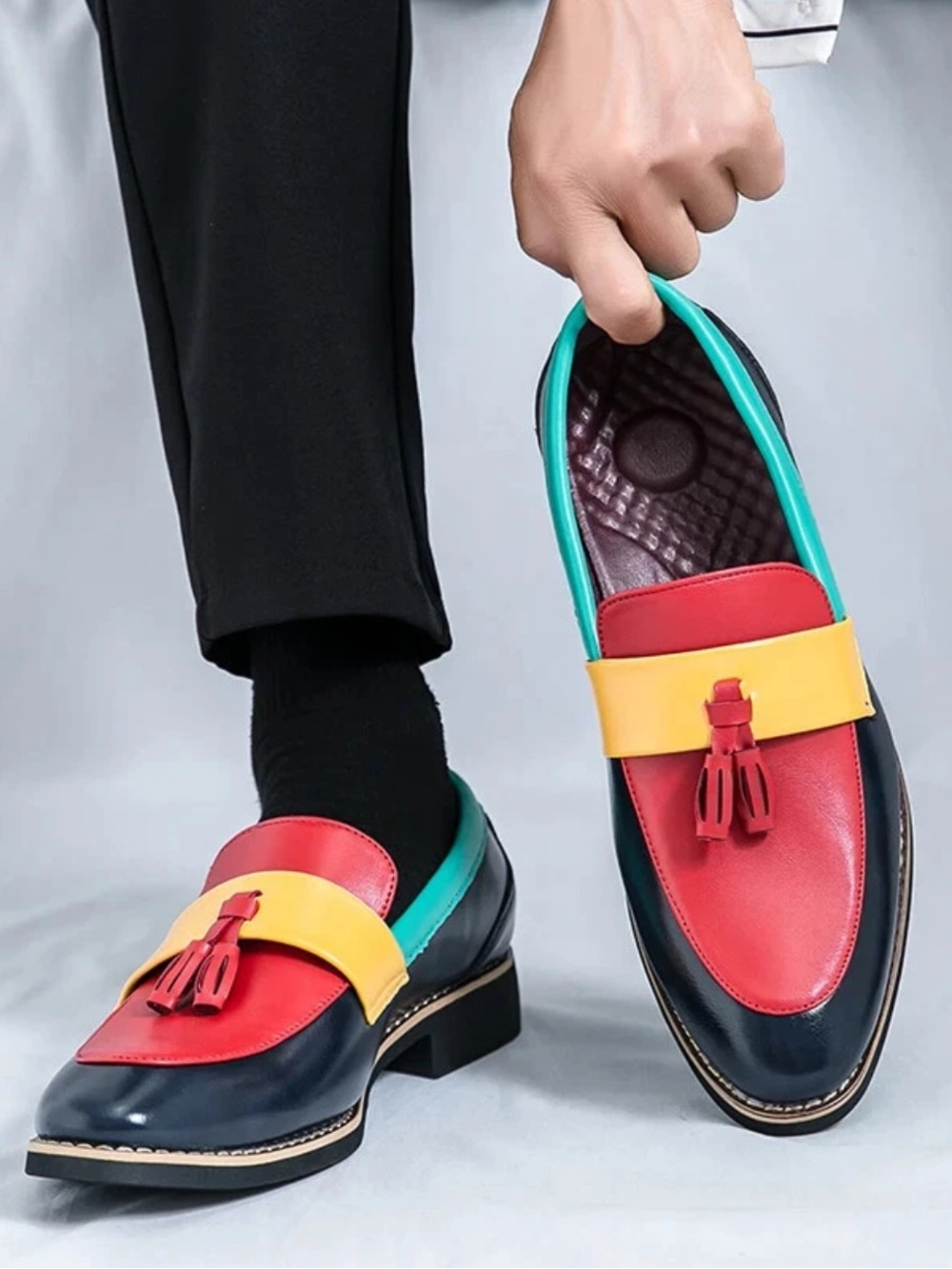 Men's Colorblock Tassel Loafers - Red/Yellow/Teal/Navy Blue